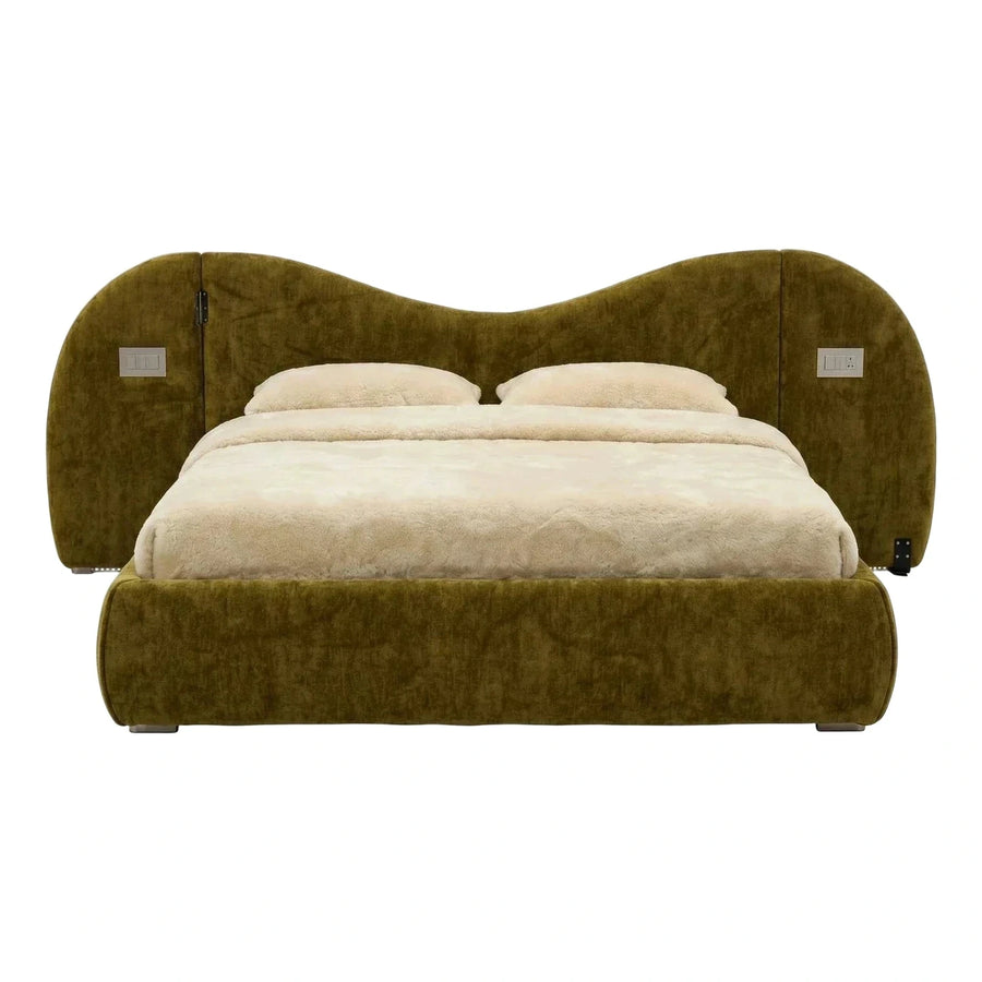 Olive Green Velvet Platform Bed with Wavy Headboard