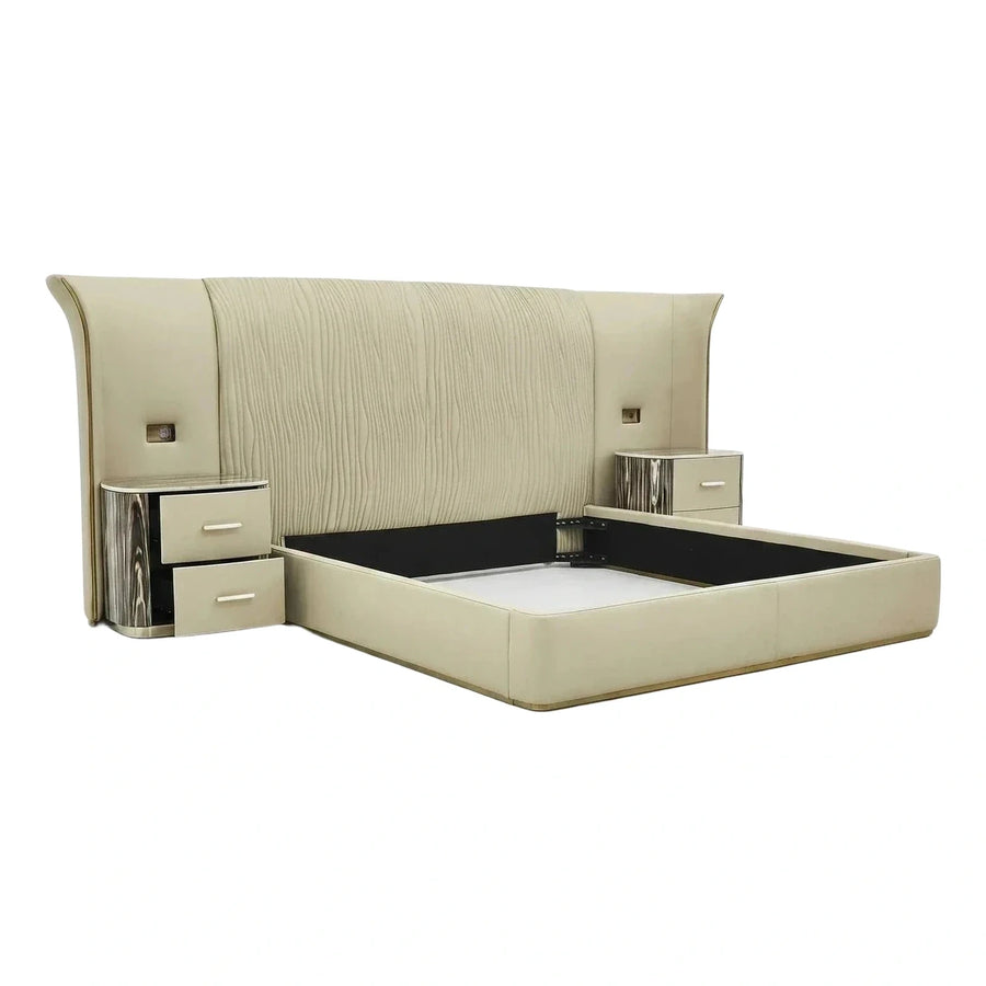 Cream Upholstered Platform Bed with Integrated Nightstands