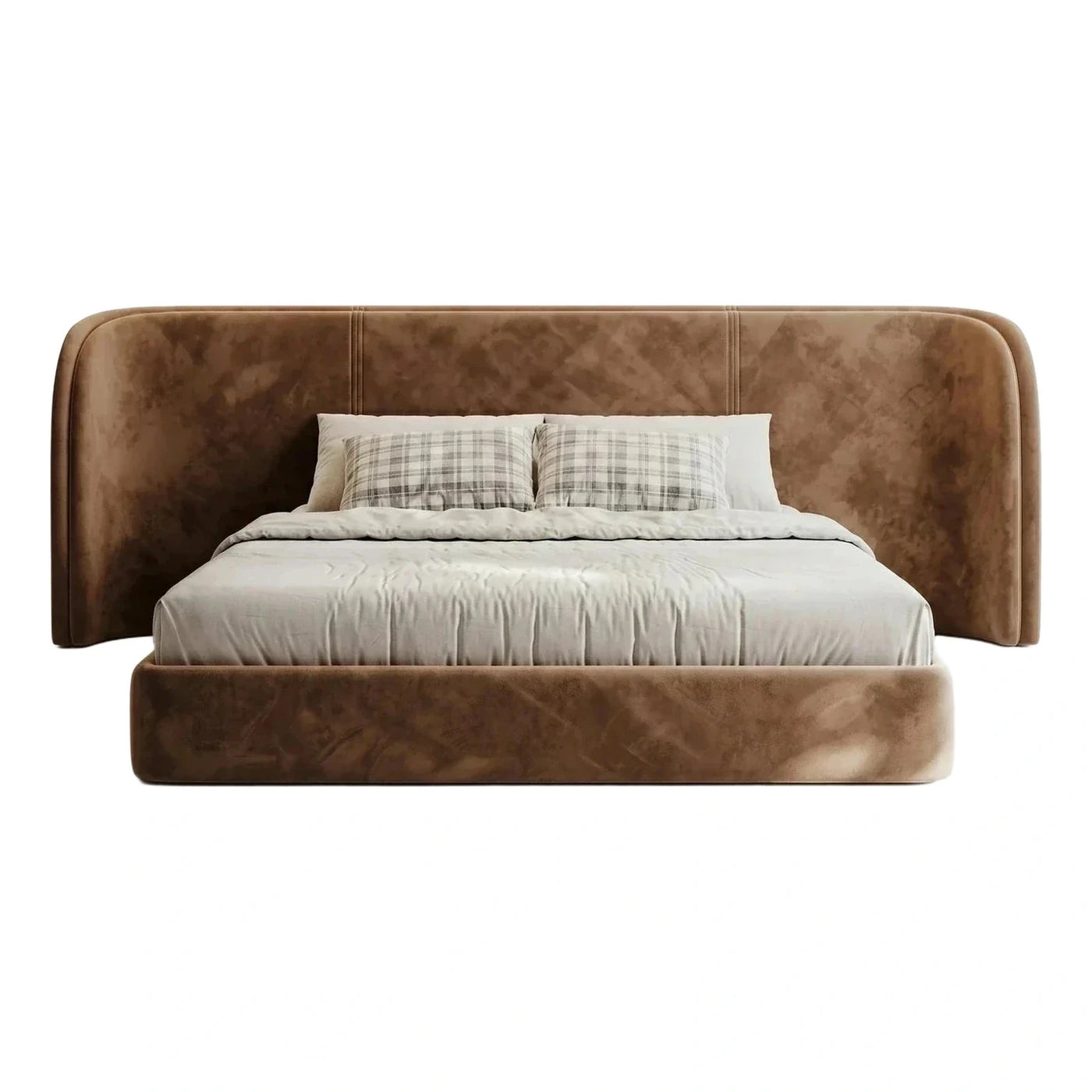 Modern Brown Upholstered Platform Bed with Wide Headboard