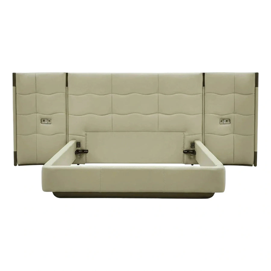 Beige Leather Upholstered Bed Frame With Tall Headboard