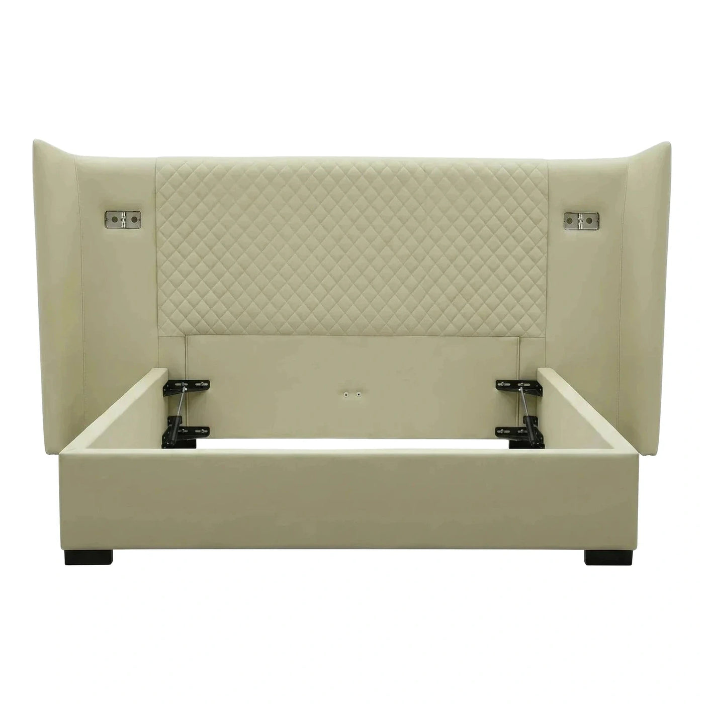 Cream Quilted Leather Winged Hydraulic Storage Bed