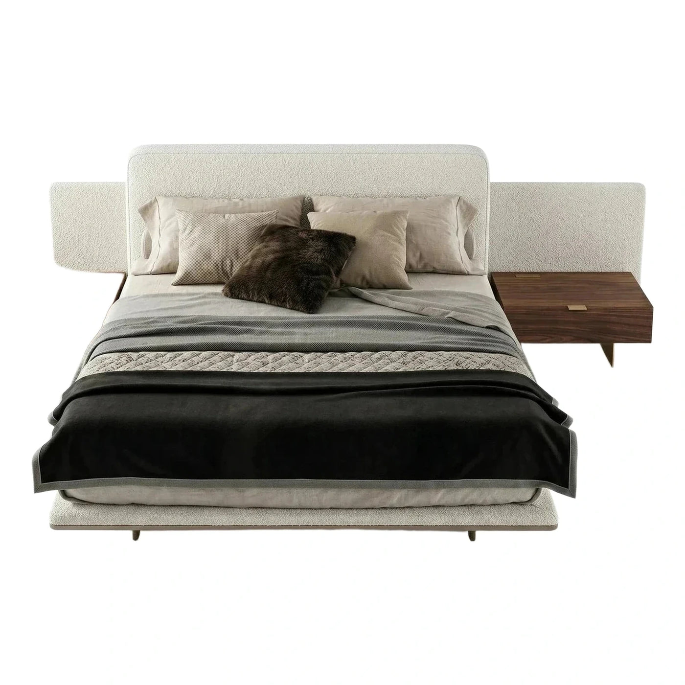 Modern Cream Boucle Bed with Floating Walnut Nightstands