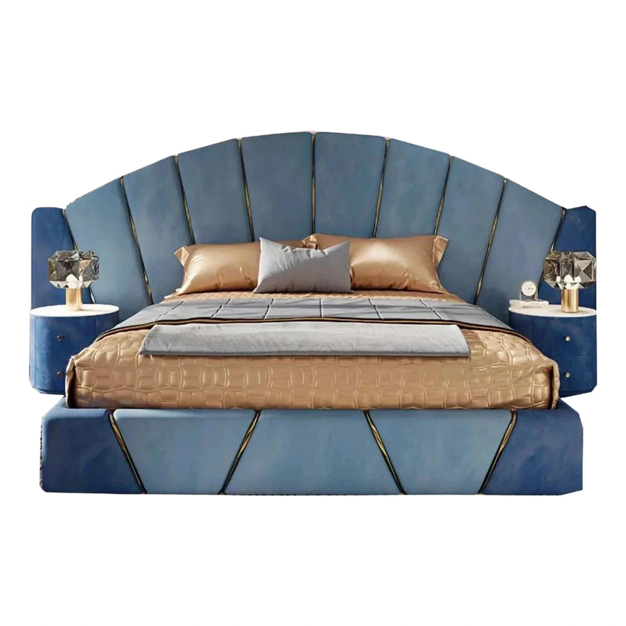 Blue Velvet Fan Headboard Bed with Gold Trim
