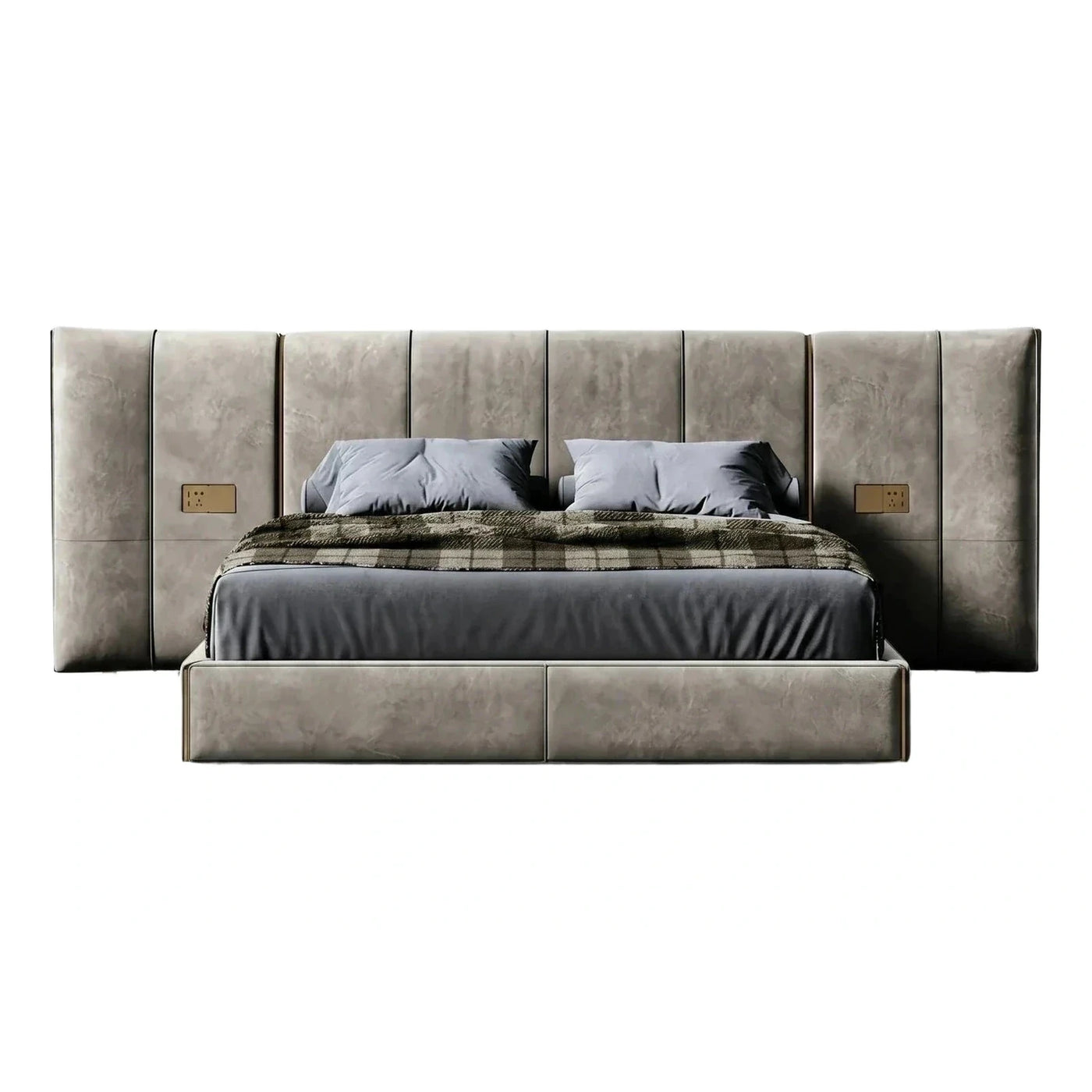 Modern Grey Upholstered Platform Bed With Wide Headboard