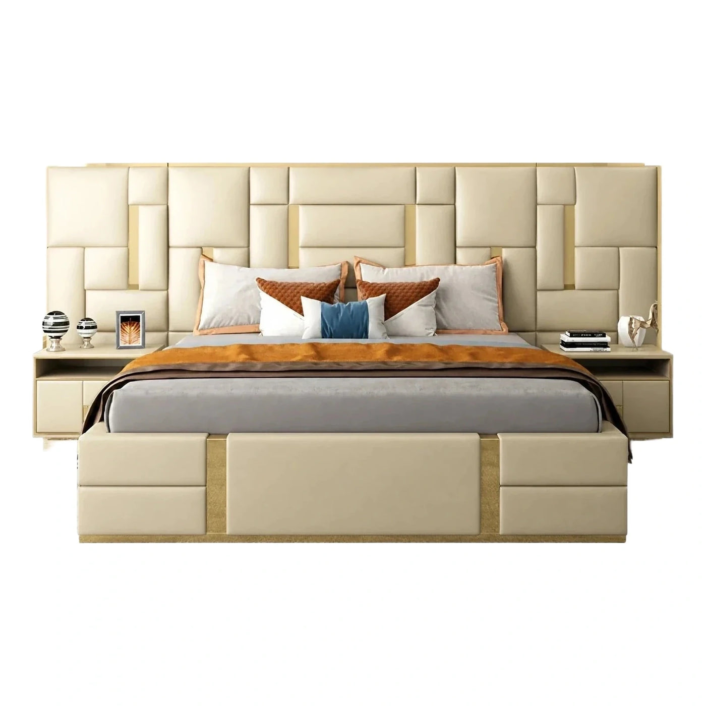 Luxury Cream Upholstered Bed with Integrated Nightstands