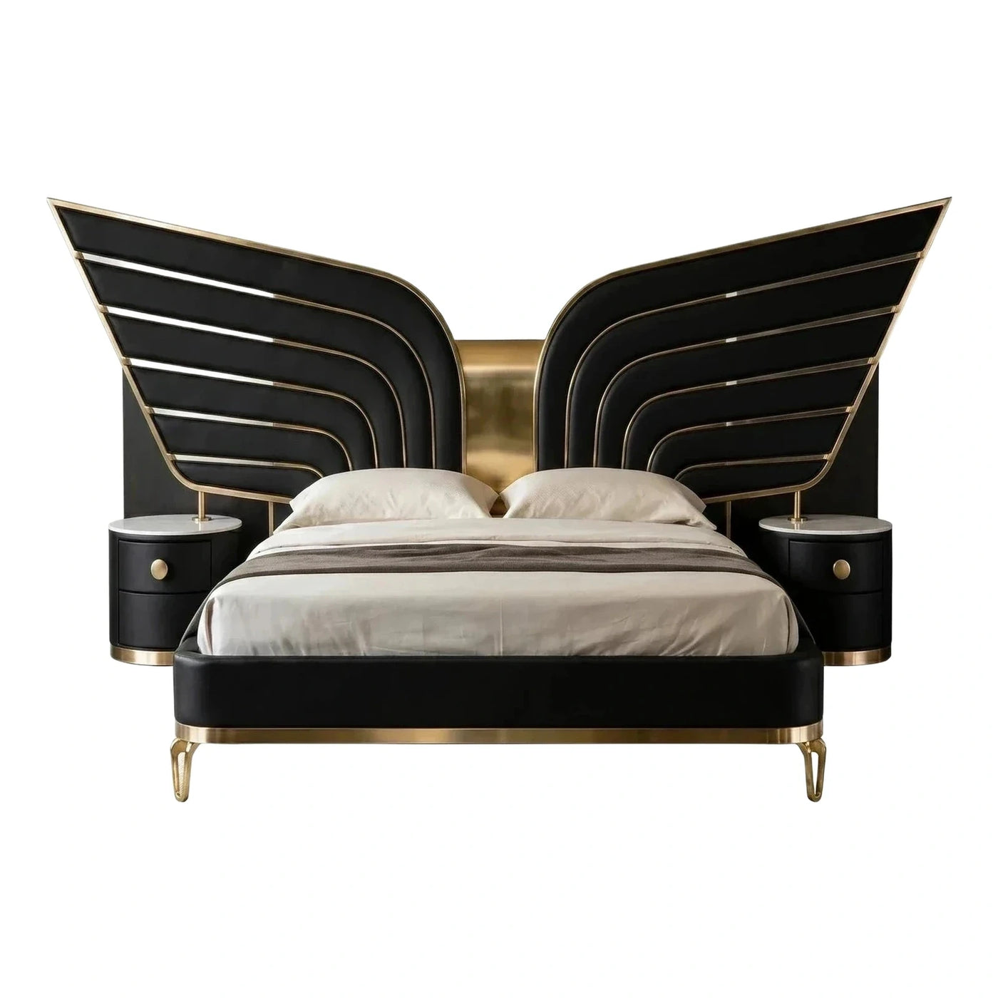 Luxury Black Wing Headboard Bed with Gold Accents