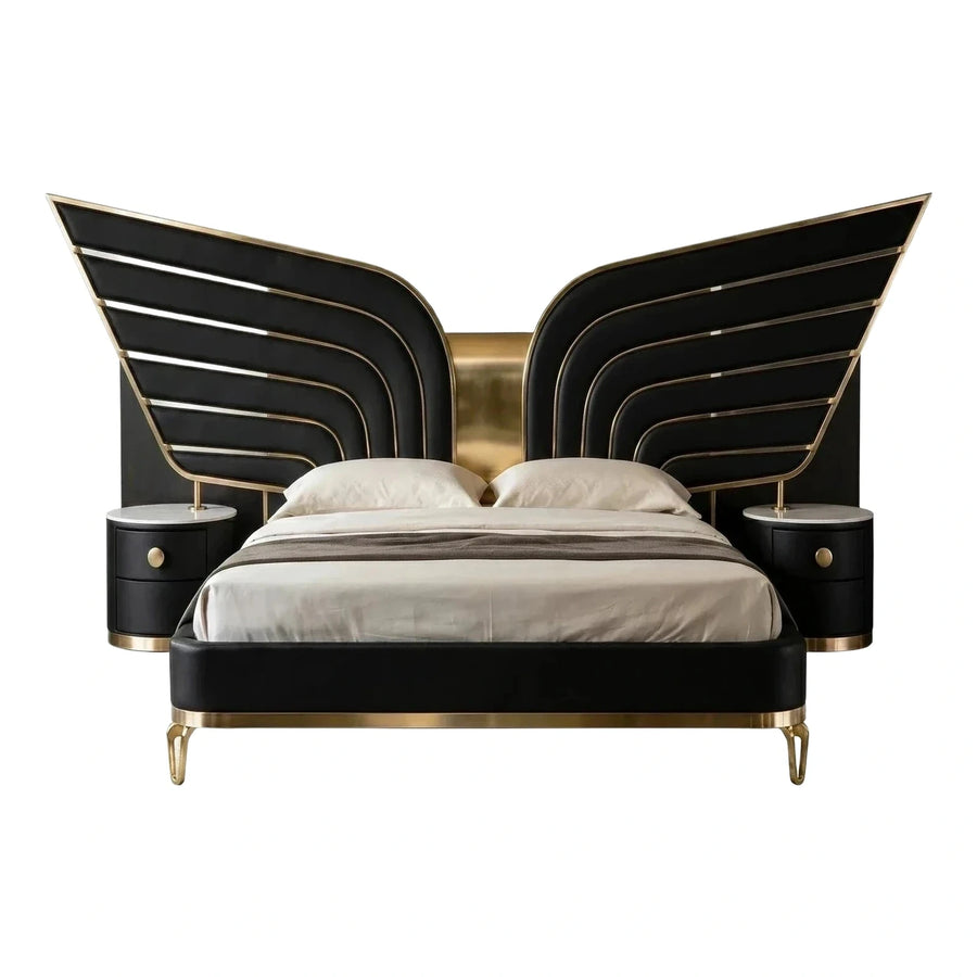 Luxury Black Wing Headboard Bed with Gold Accents