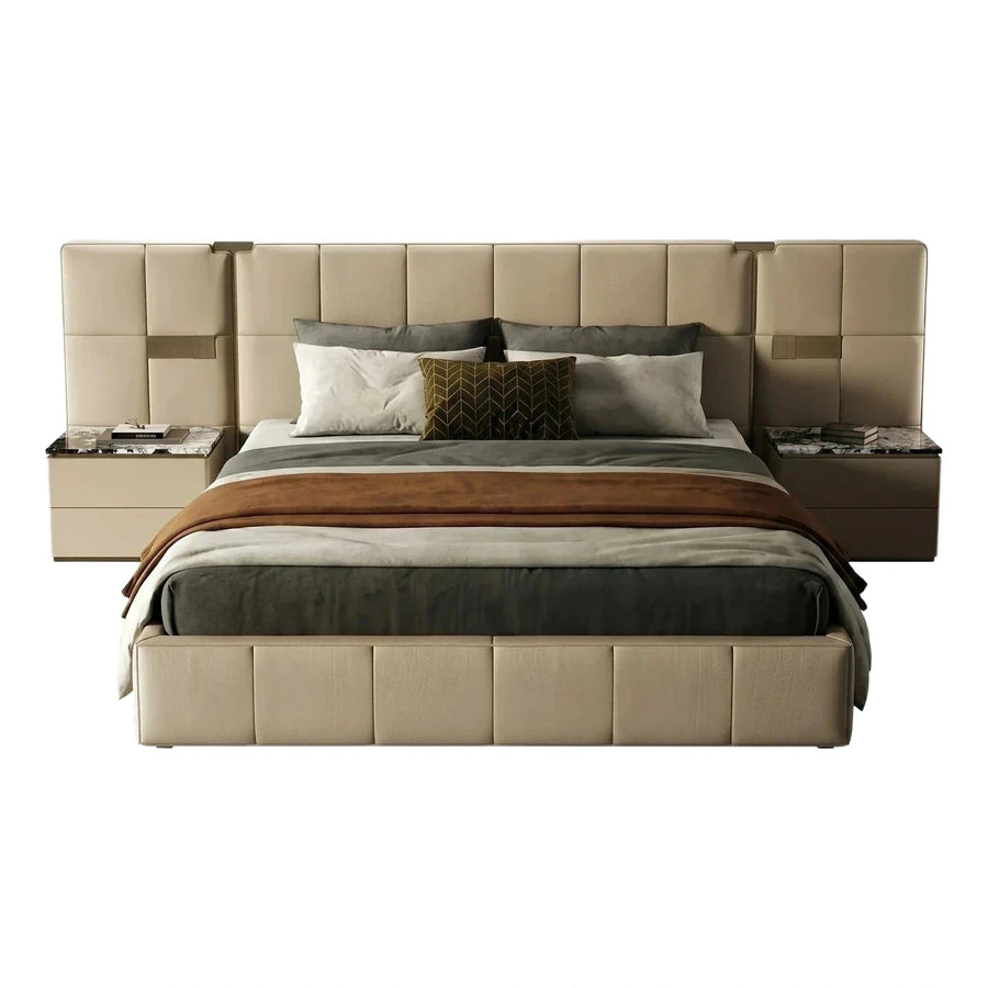 Modern Beige Upholstered Bed with Marble Nightstands
