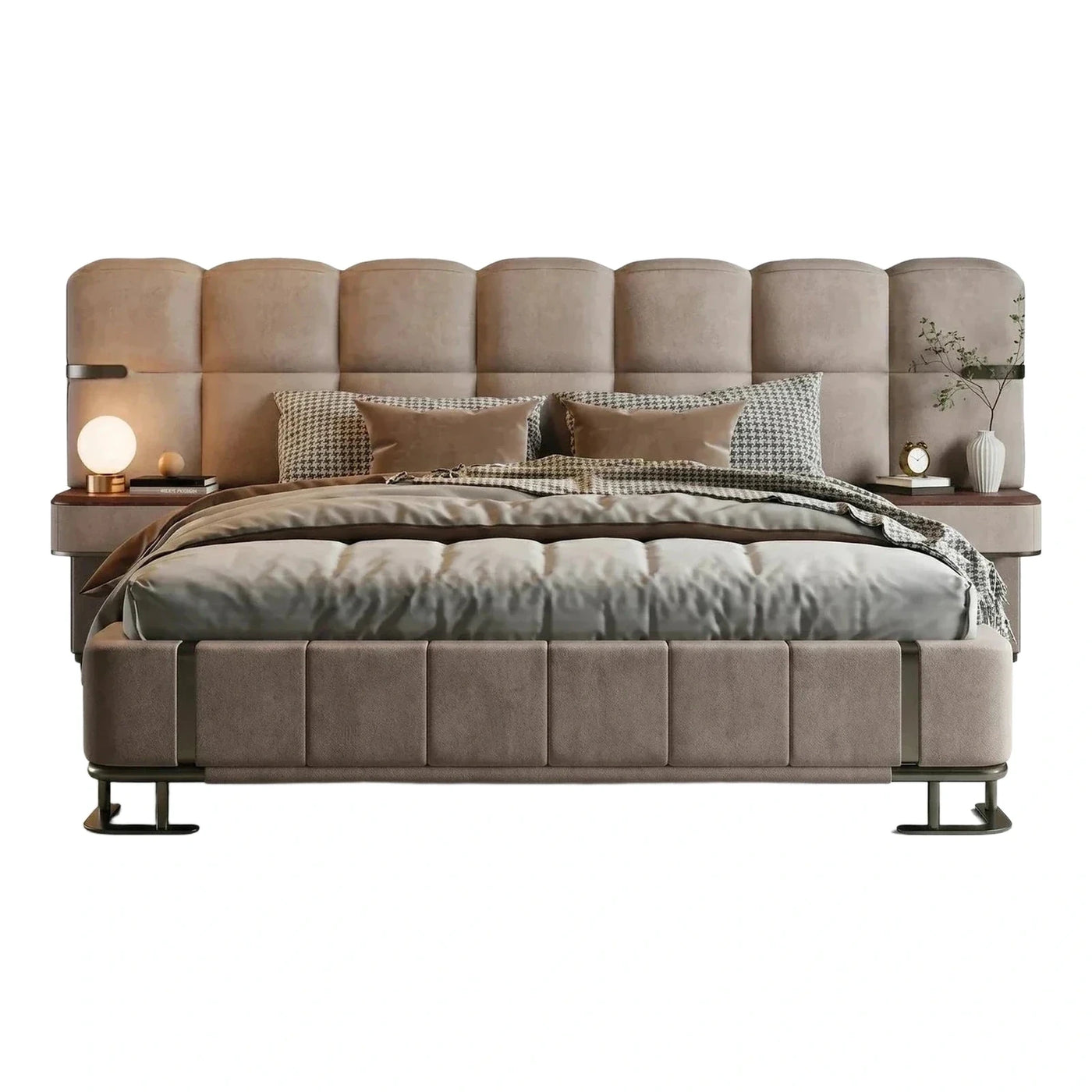 Tufted Beige Upholstered Bed With Integrated Nightstands