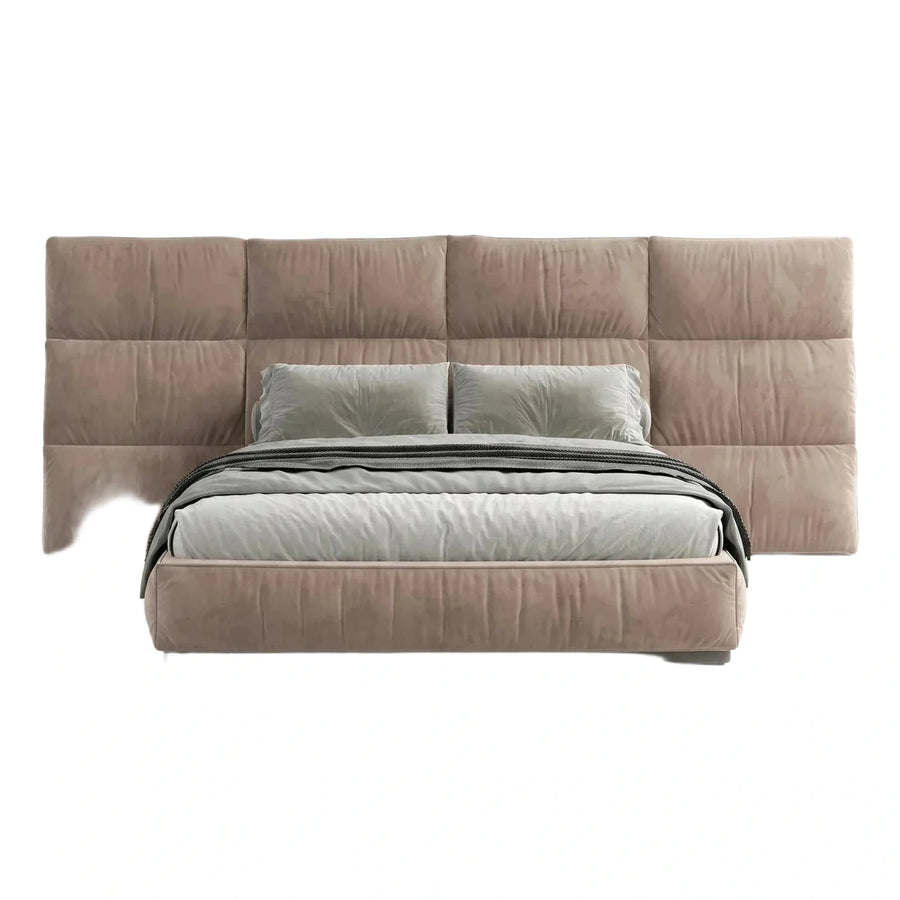 Beige Upholstered Platform Bed with Wide Headboard
