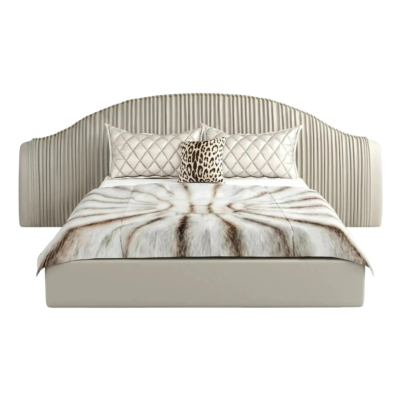 Beige Curved Channel Tufted Upholstered Platform Bed