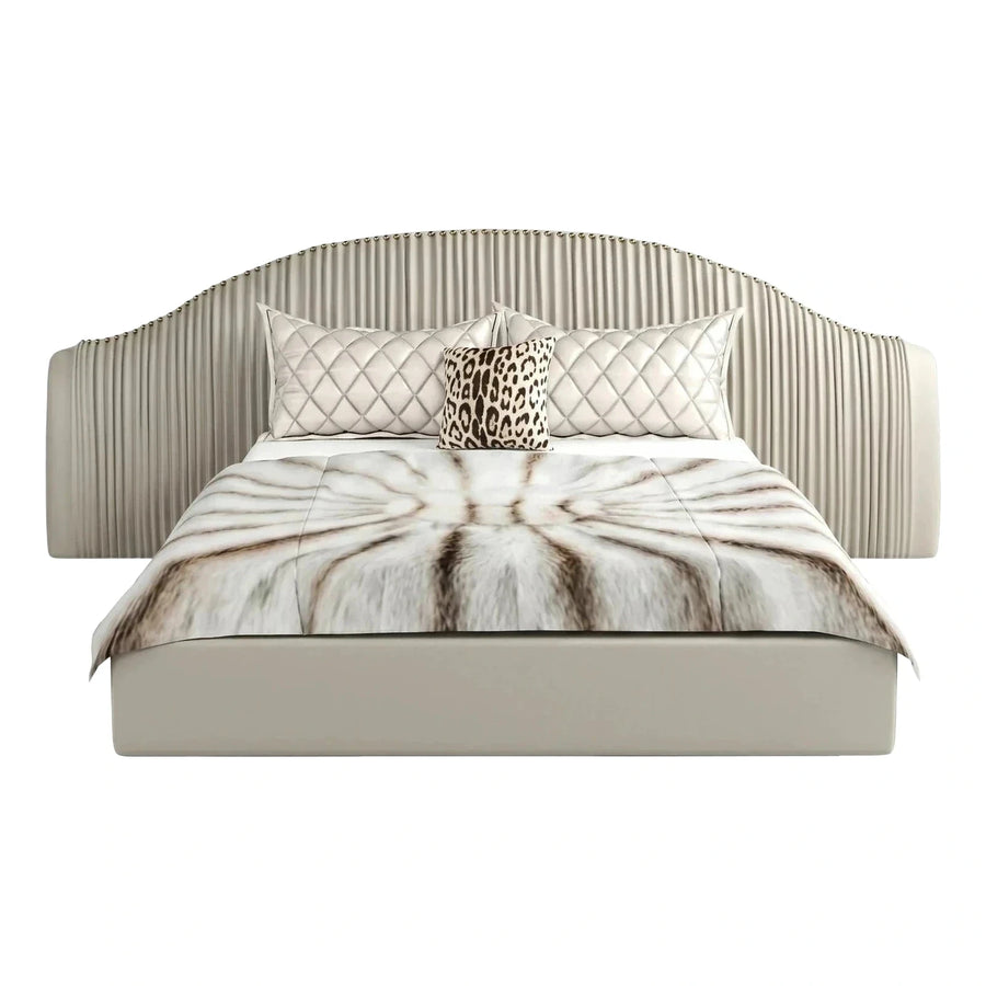 Beige Curved Channel Tufted Upholstered Platform Bed