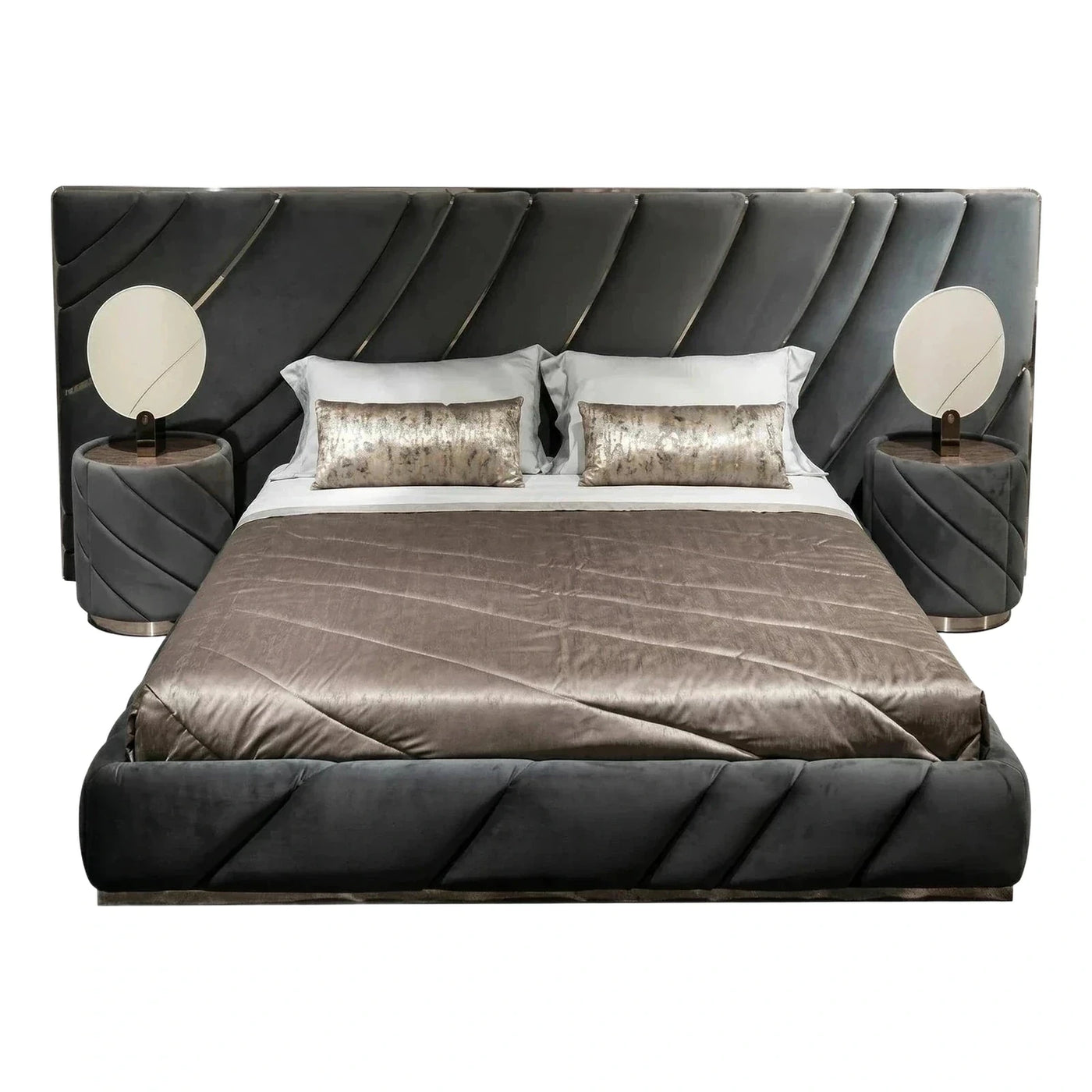Luxury Grey Upholstered Platform Bed With Integrated Nightstands