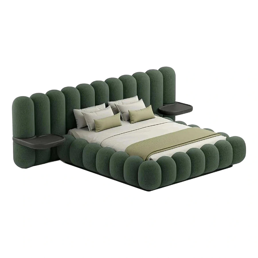 Green Boucle Capsule Bed with Integrated Side Tables