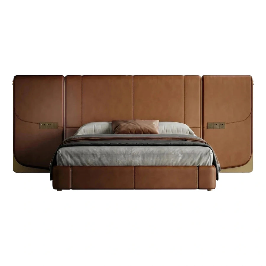 Modern Brown Leather Platform Bed With Integrated Headboard