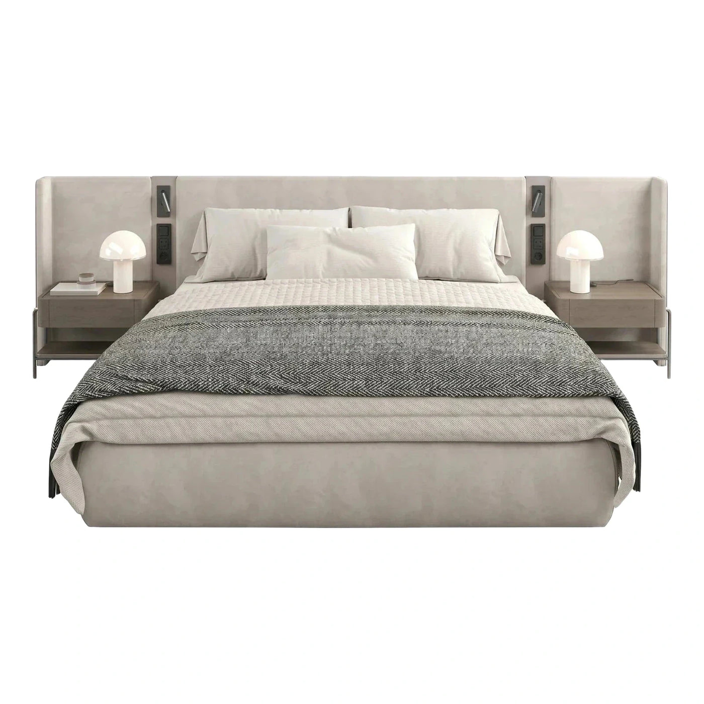 Modern Cream Upholstered Bed with Integrated Nightstands