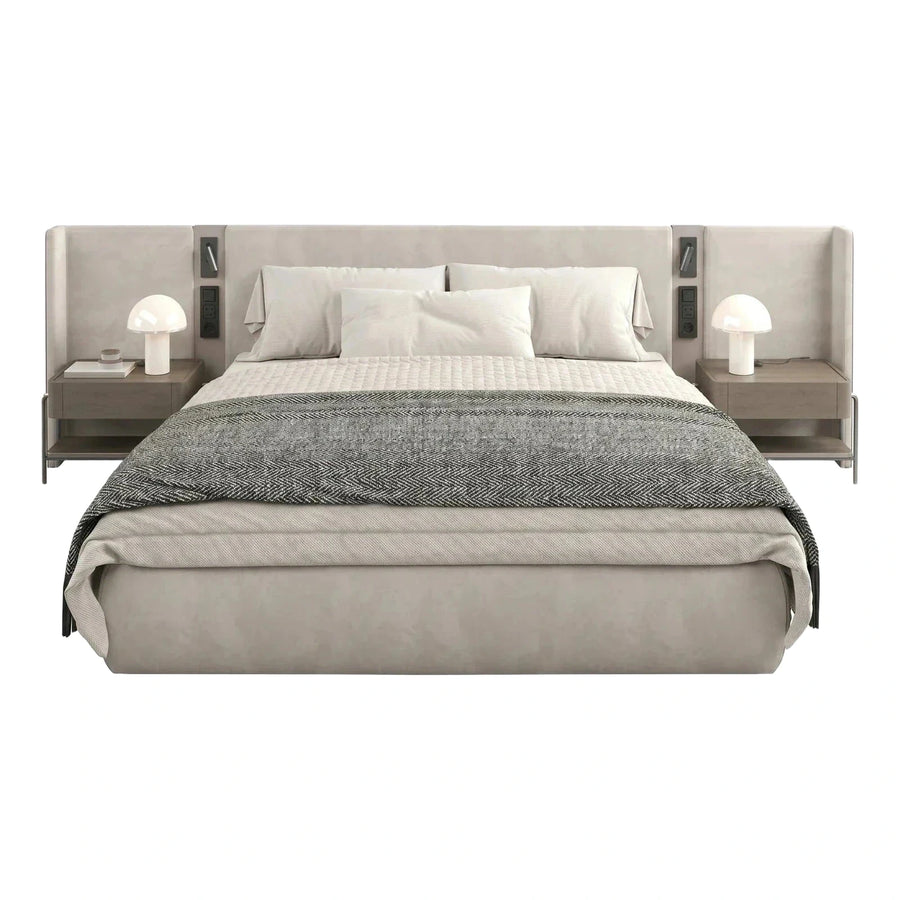Modern Cream Upholstered Bed with Integrated Nightstands