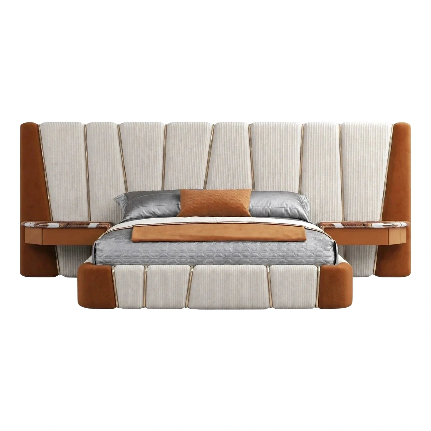 Luxury Upholstered Bed with Gold Trim and Nightstands