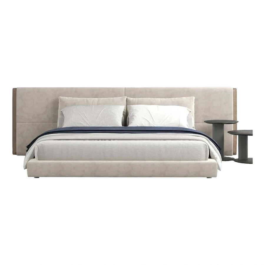 Modern Cream Upholstered Platform Bed with Wide Headboard