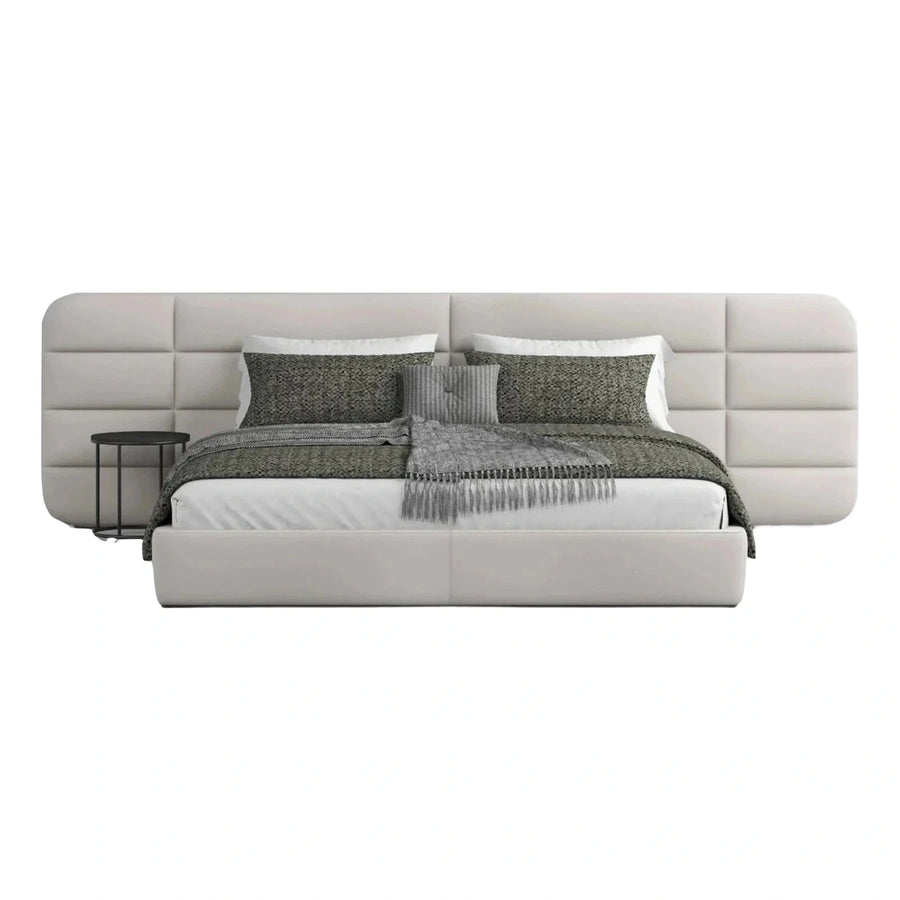 Cream Upholstered Platform Bed With Wide Panel Headboard