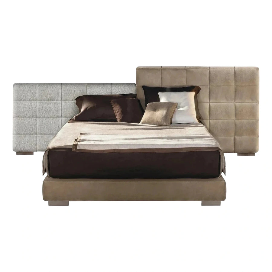 Modern Asymmetrical Upholstered Platform Bed with Grid Headboard