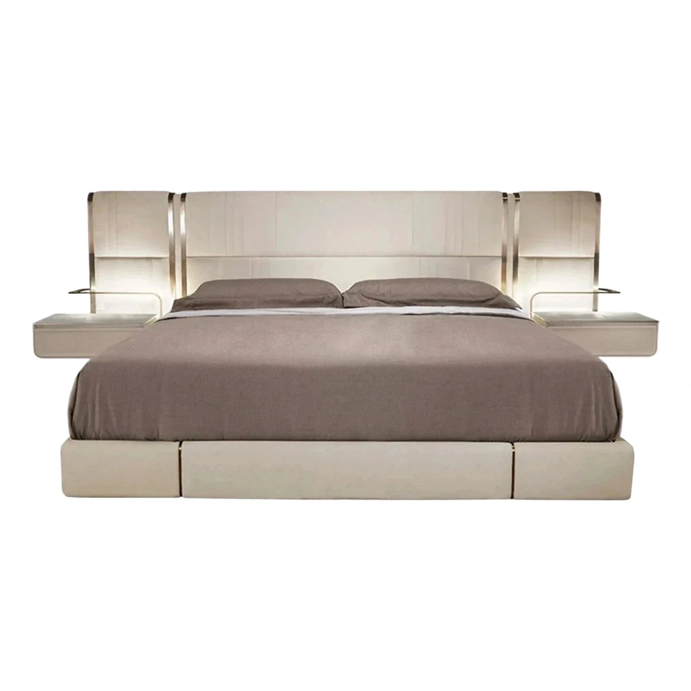 Modern Cream Leather Platform Bed with Integrated Lighting