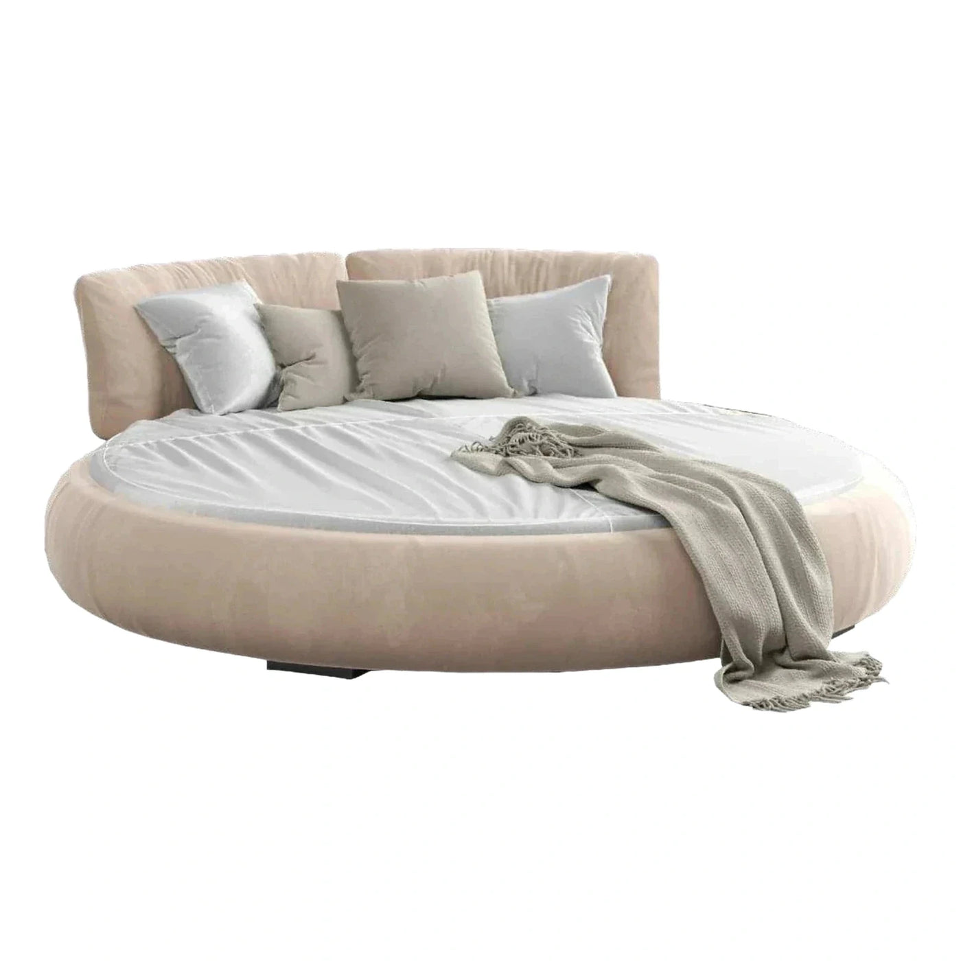 Modern Round Bed Beige Fabric Upholstered