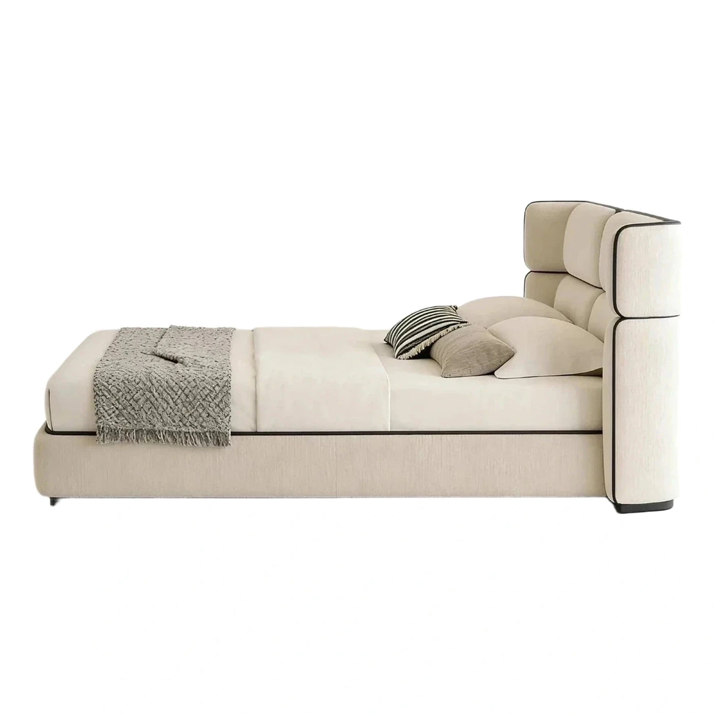 Modern Cream Upholstered Platform Bed with Black Piping