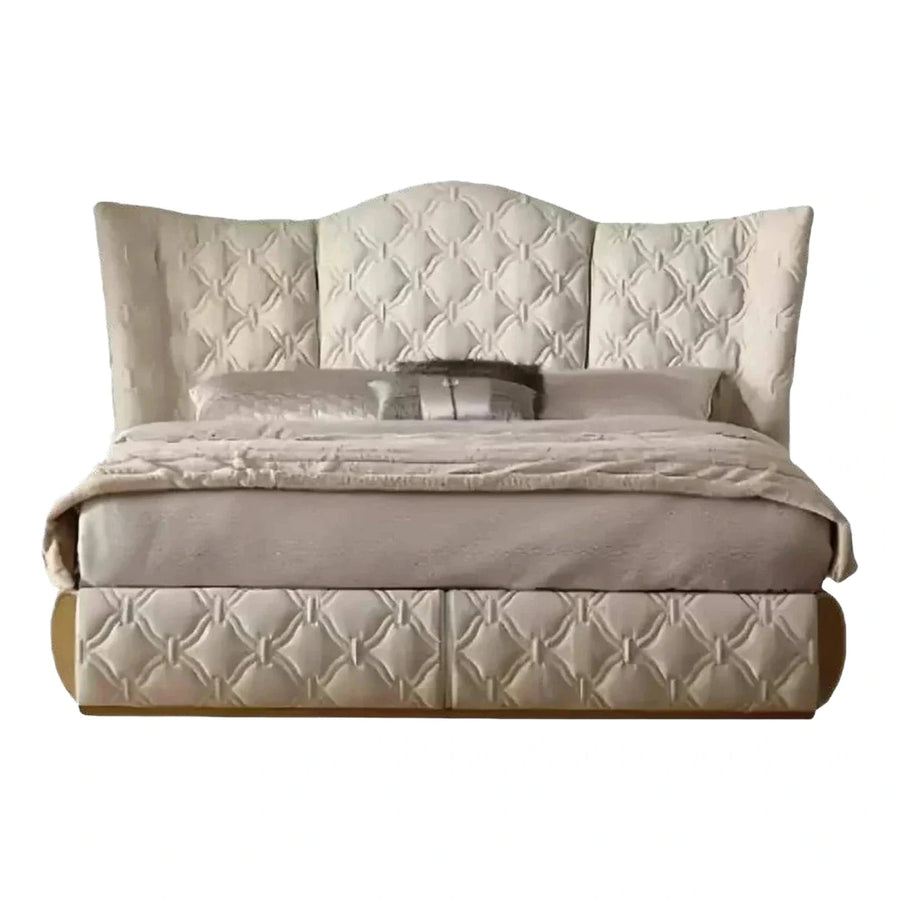 Cream Wingback Bed with Geometric Tufted Base
