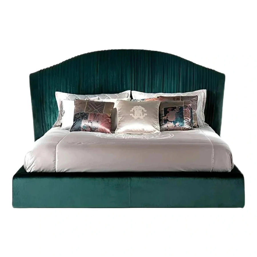 Emerald Green Velvet Platform Bed with Arched Headboard