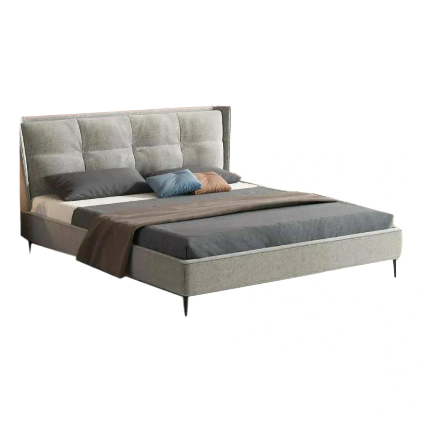 Modern Grey Upholstered Platform Bed with Wood Trim