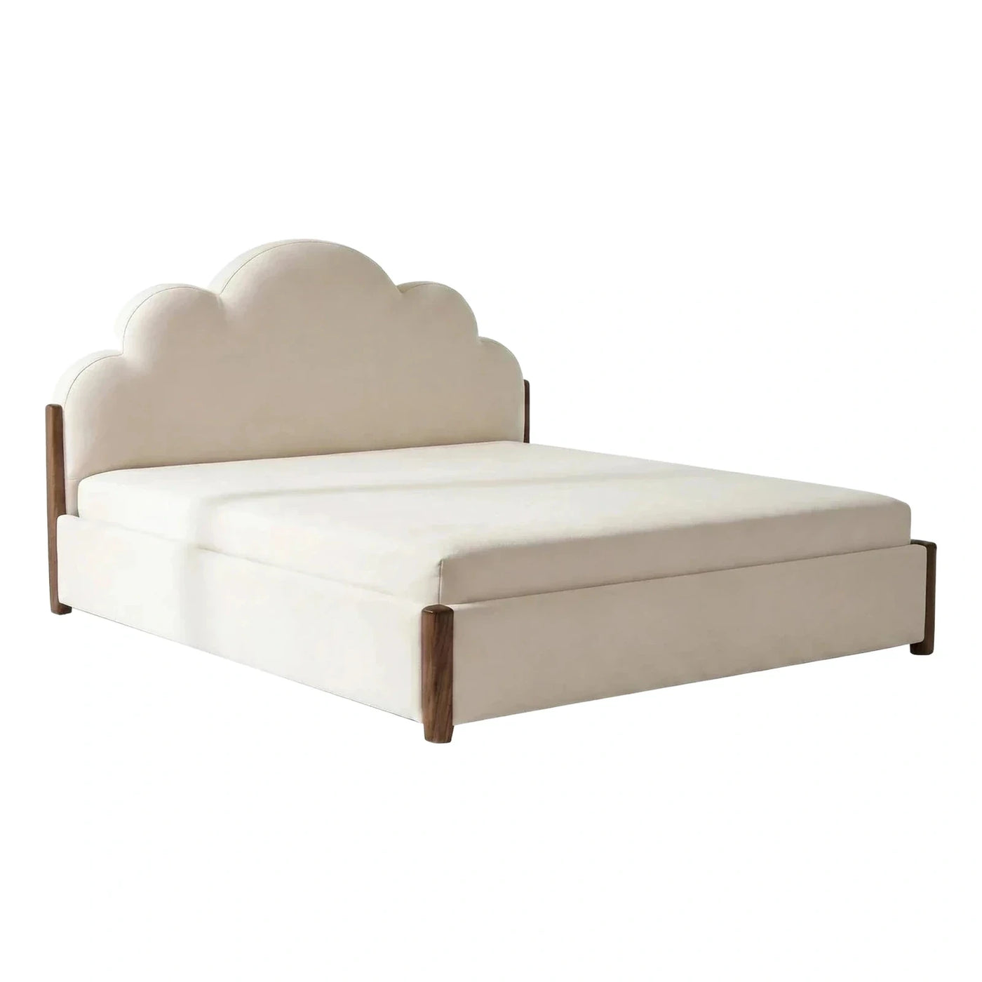 Cream Upholstered Bed with Scalloped Headboard and Wood Legs