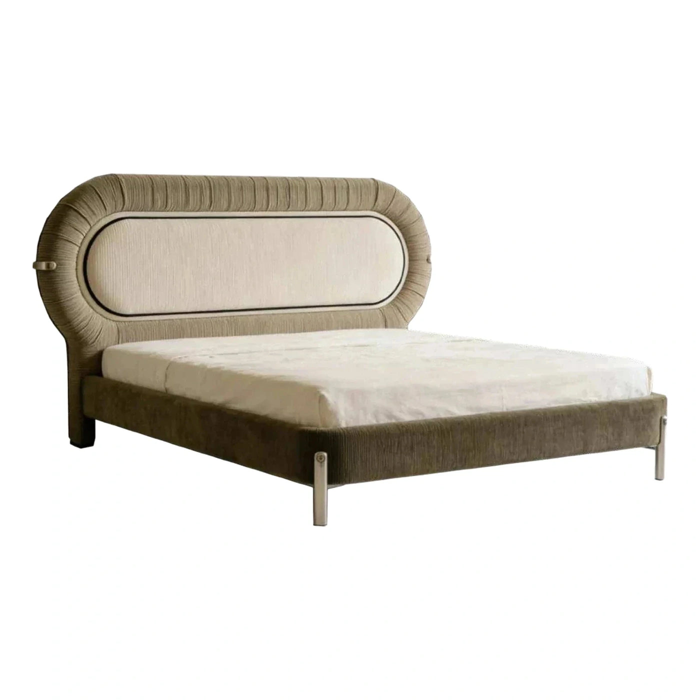 Taupe Ruched Upholstered Bed with Cream Center Panel