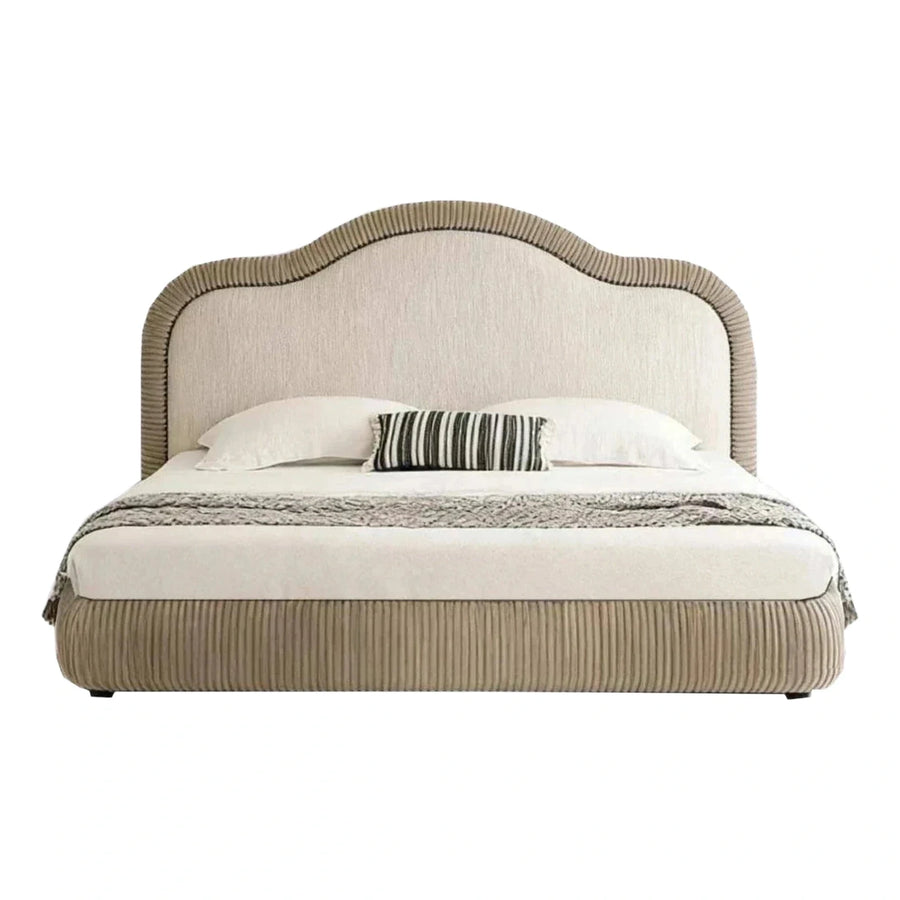 Cream Pleated Upholstered Bed with Scalloped Headboard