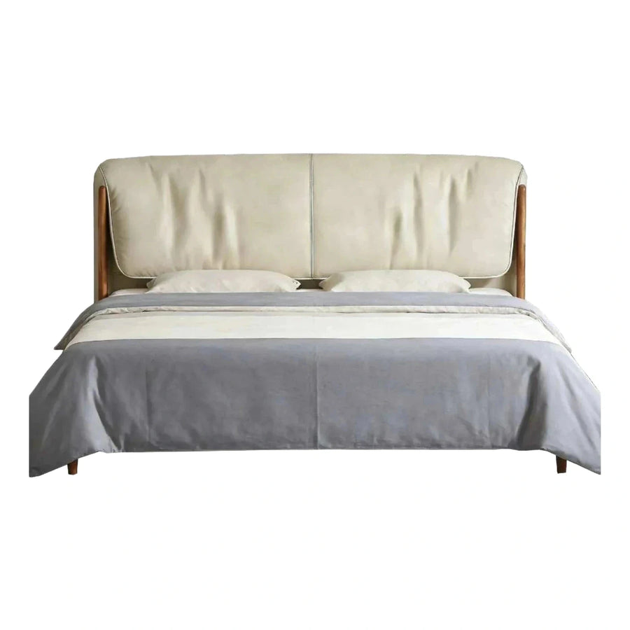 Modern Cream Upholstered Platform Bed with Wood Frame