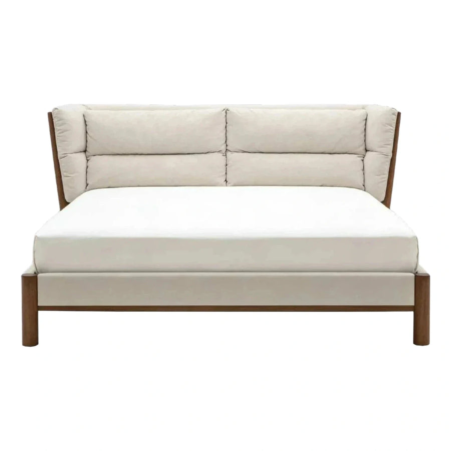 Modern Cream Upholstered Platform Bed with Wooden Frame