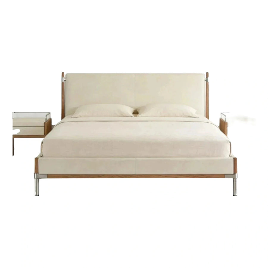 Modern Cream Upholstered Bed with Wood and Metal Accents