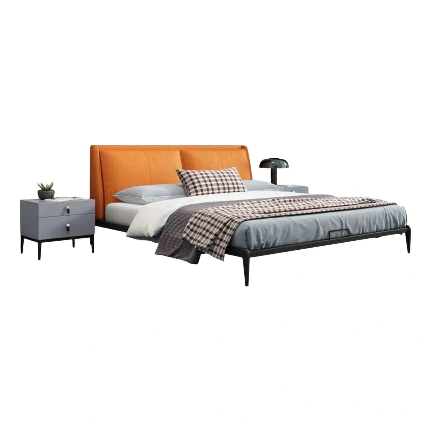 Modern Orange Upholstered Bed Frame with Grey Nightstands