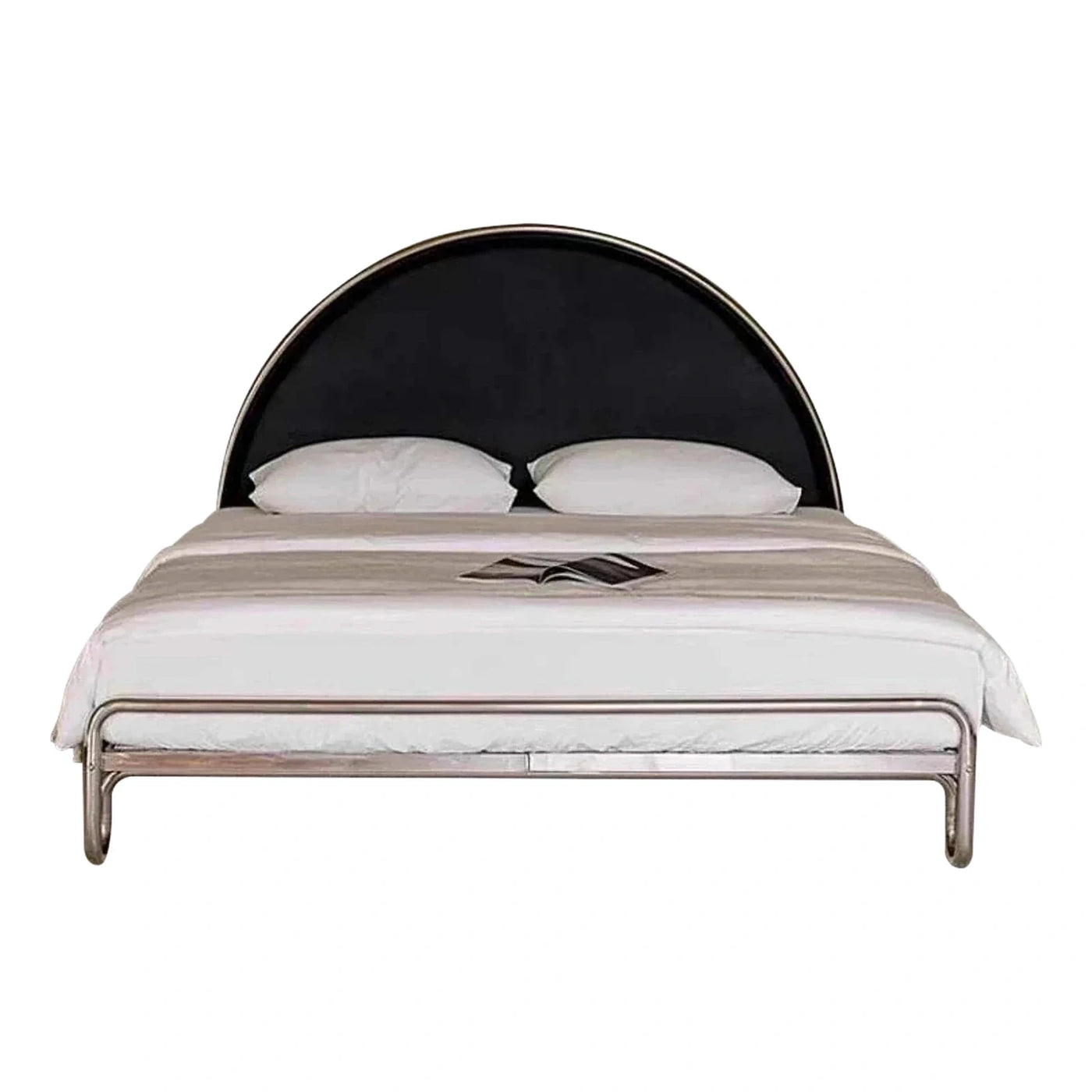 Modern Arched Metal Bed with Black Upholstered Headboard