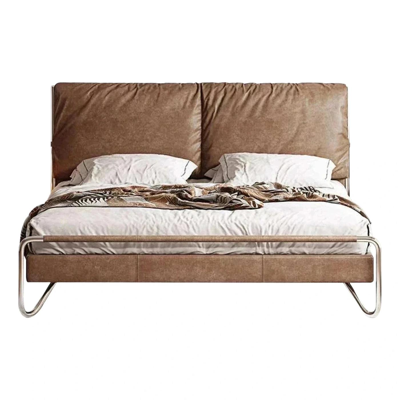 Modern Brown Leather Upholstered Bed with Metal Frame