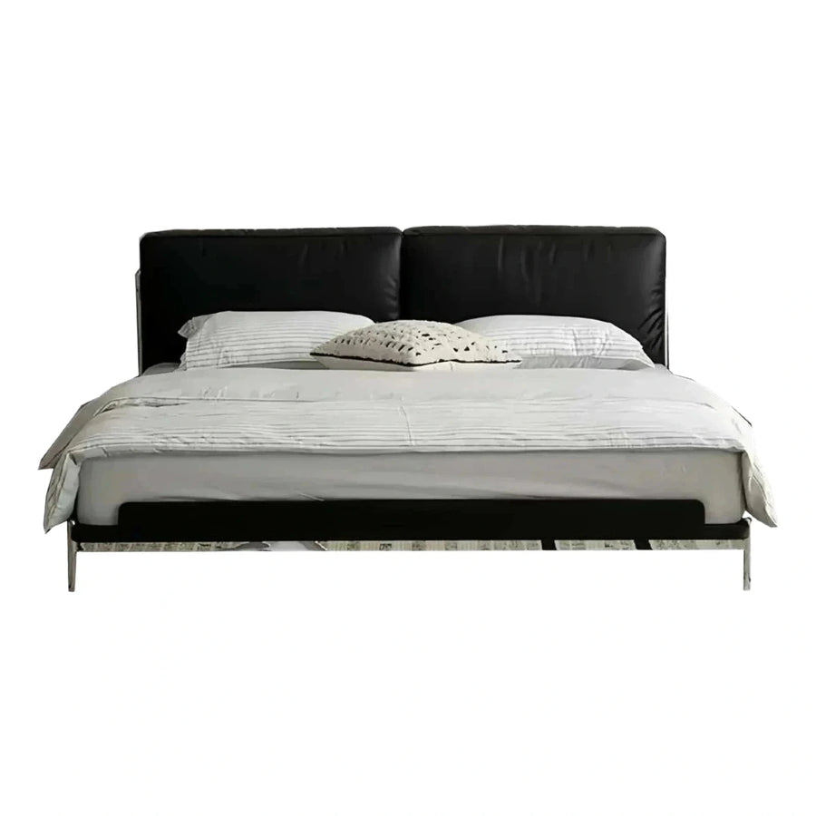 Modern Black Leather Platform Bed with Split Headboard