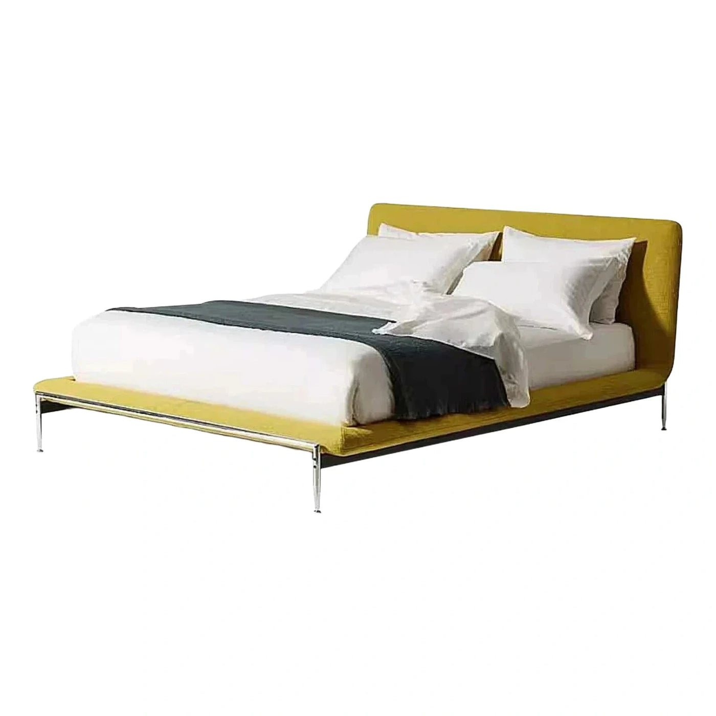 Modern Yellow Upholstered Platform Bed with Chrome Legs