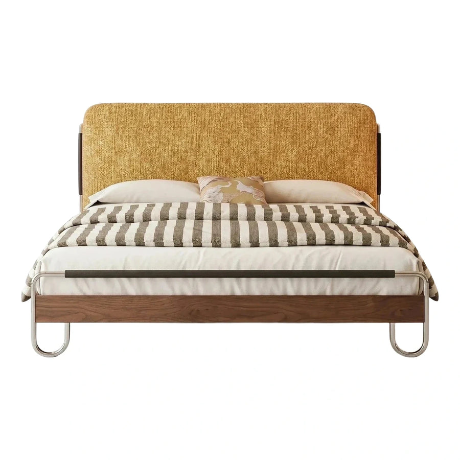 Modern Upholstered Bed with Wood Base and Chrome Frame