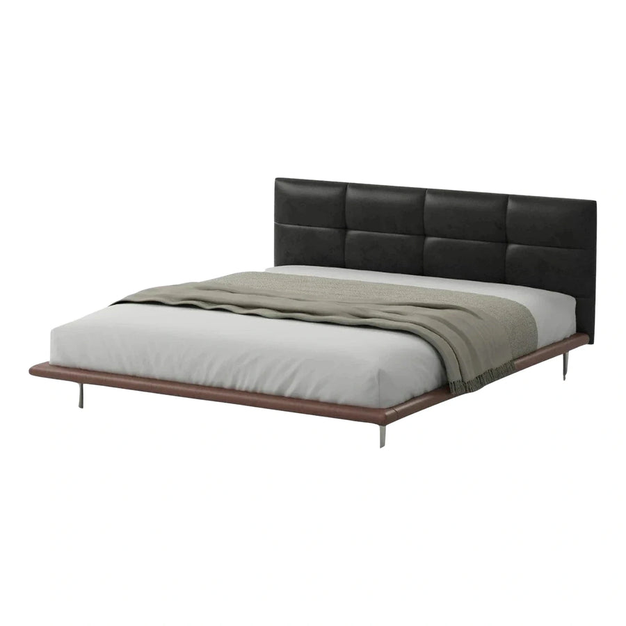 Modern Black Tufted Platform Bed with Brown Base