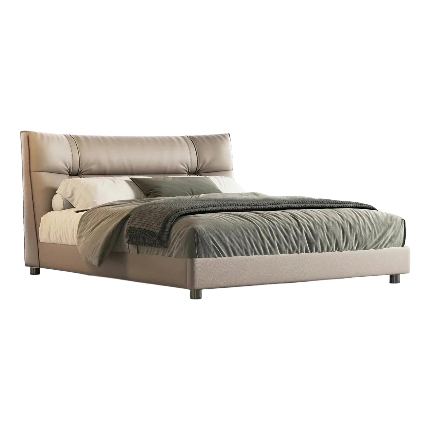 Modern Beige Leather Upholstered Bed with Tall Headboard