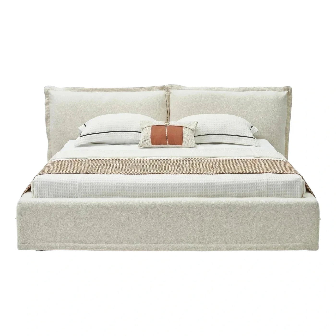 Cream Boucle Upholstered Platform Bed with Padded Headboard
