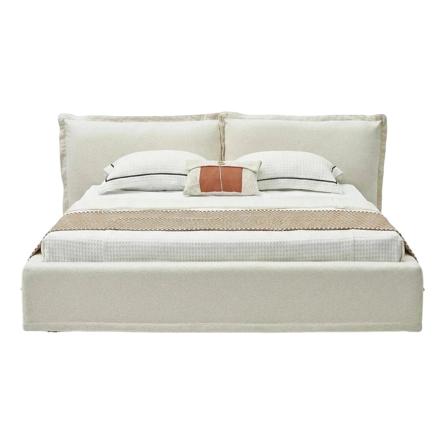 Cream Boucle Upholstered Platform Bed with Padded Headboard