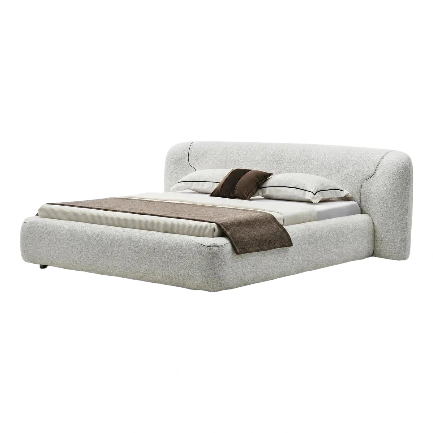 Cream Boucle Upholstered Platform Bed with Wrapped Headboard