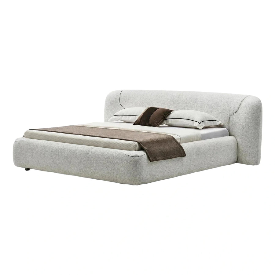 Cream Boucle Upholstered Platform Bed with Wrapped Headboard