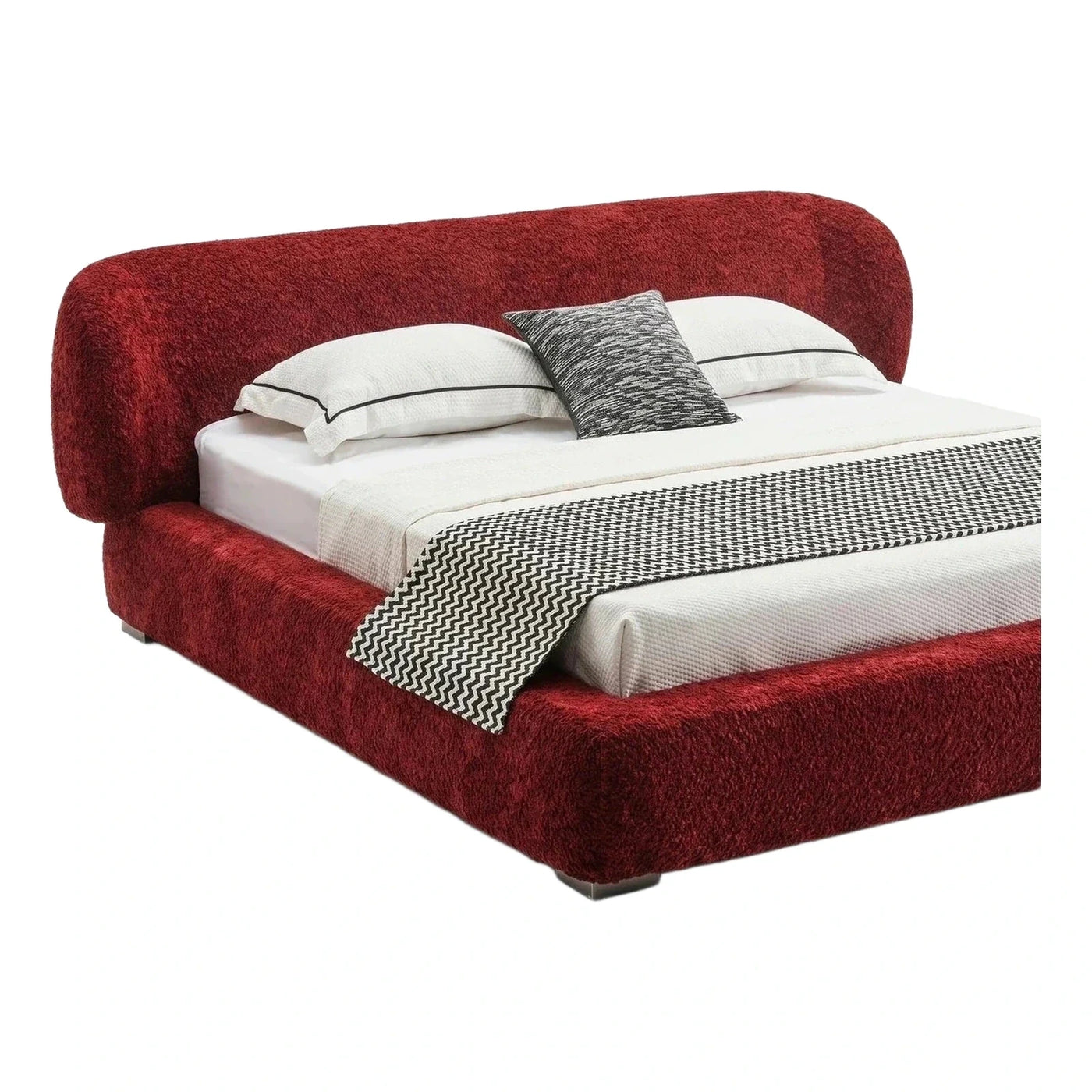 Red Boucle Upholstered Platform Bed with Curved Headboard